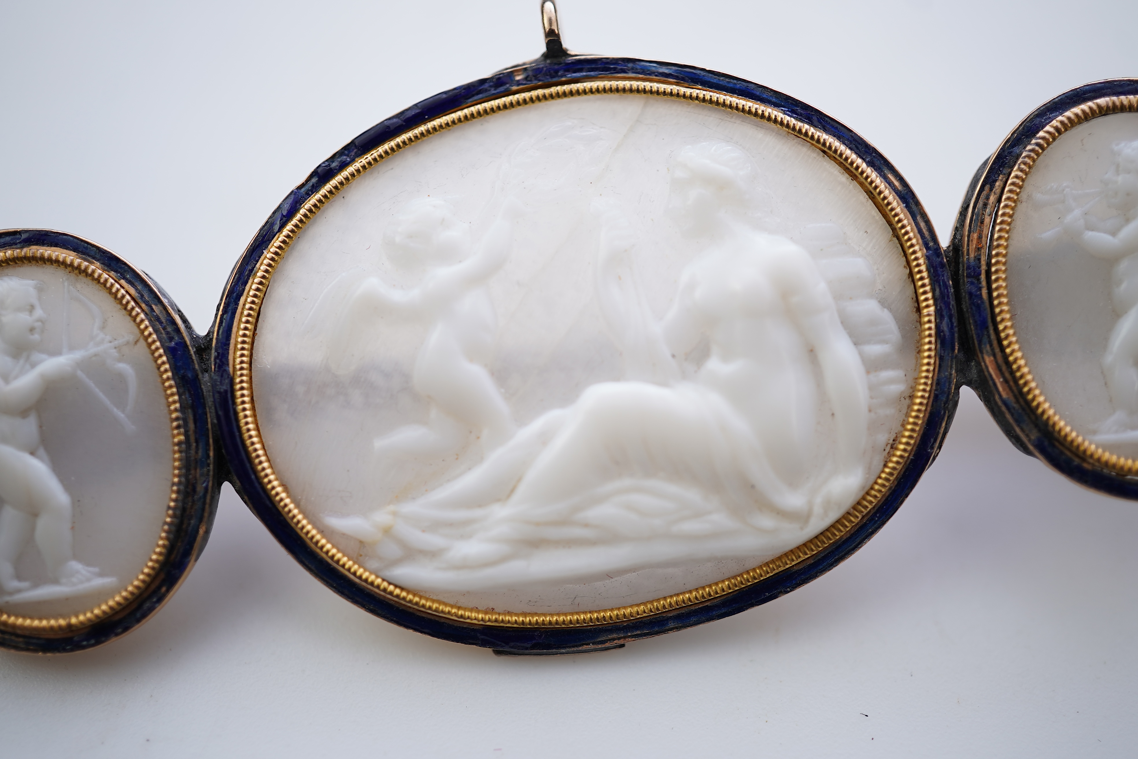 A rare early George III shell cameo and enamel brooch and necklace, early 19th century and later